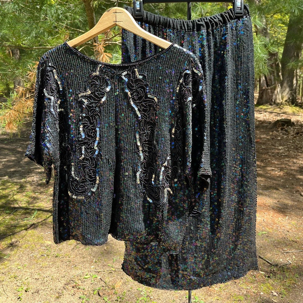 80s Glam Sequin Top & Skirt Set Floral Party Formal Sparkly